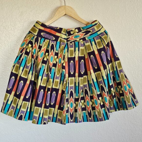 Pleated Multi-Color Ikat Print Skirt Side Zipper & Wide Waistband Women's 6 - Picture 2 of 8